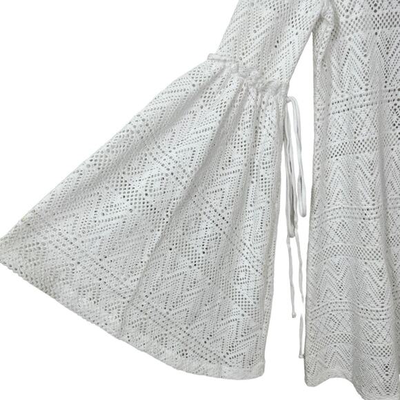 Free People Beach White Eyelet Bell Sleeve Cover Up Dress XS New Boho Tie Back - Picture 2 of 7